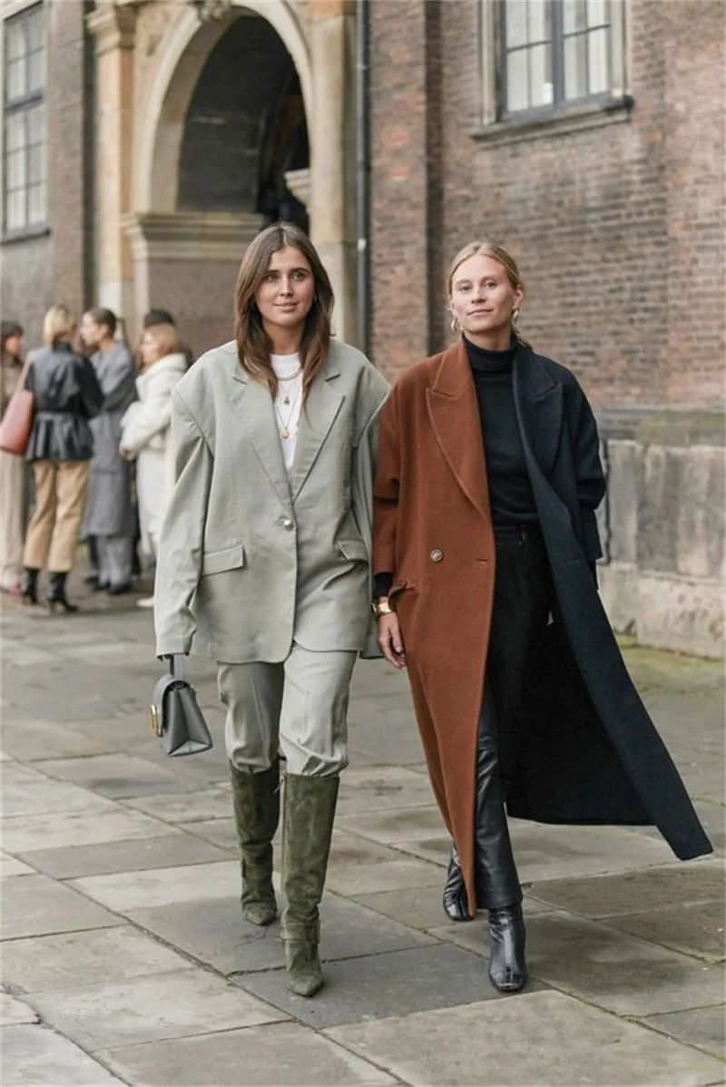 Chaqueta larga de lana para mujer, traje grueso de Color marrón y negro, abrigo de lana de Cachemira para invierno