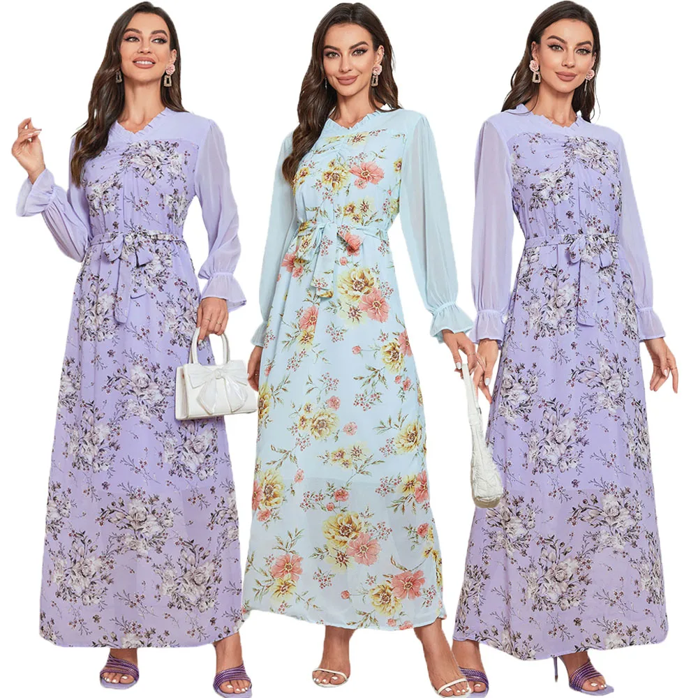 Women Floral Print Long Sleeve Maxi Dress 2024 Autumn Elegant Ladies Muslim Kaftan Abaya Dubai Turkey Robe Islamic Vestidos Gown