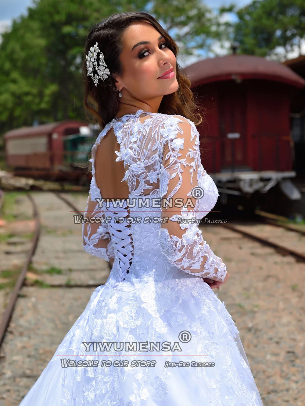 Robe de mariée blanche ligne A, en Tulle, à manches longues, col rond, avec des Appliques, sur mesure, pour fête formelle, mariage pour femmes, 2023