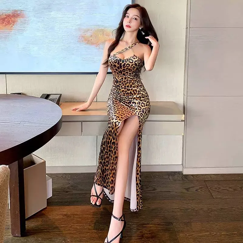 Long Leopard Dress Split Social Party Dinner Vestidos Skew Collar Hip Lady Elegant Dresses Sexy Charming Slim Waist Sumdress