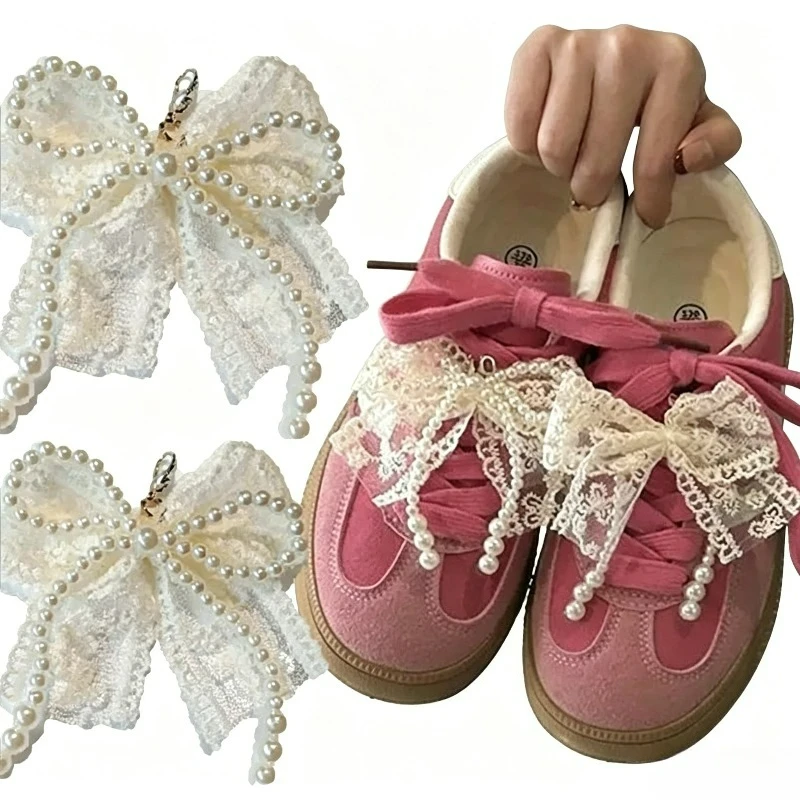 1pair Fashion Lace Pearl Bow Shoe Laces Charms for Sneakers Decorative Shoe Flower Buckle Decorative Shoe Charm Accessories