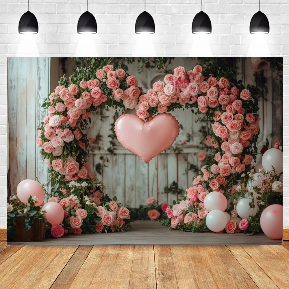 Spring Rose Flower Photography Backdrop Heart-shape Pink Rose Flowers Valentine's Day Decor Banner Photo Background Supplies