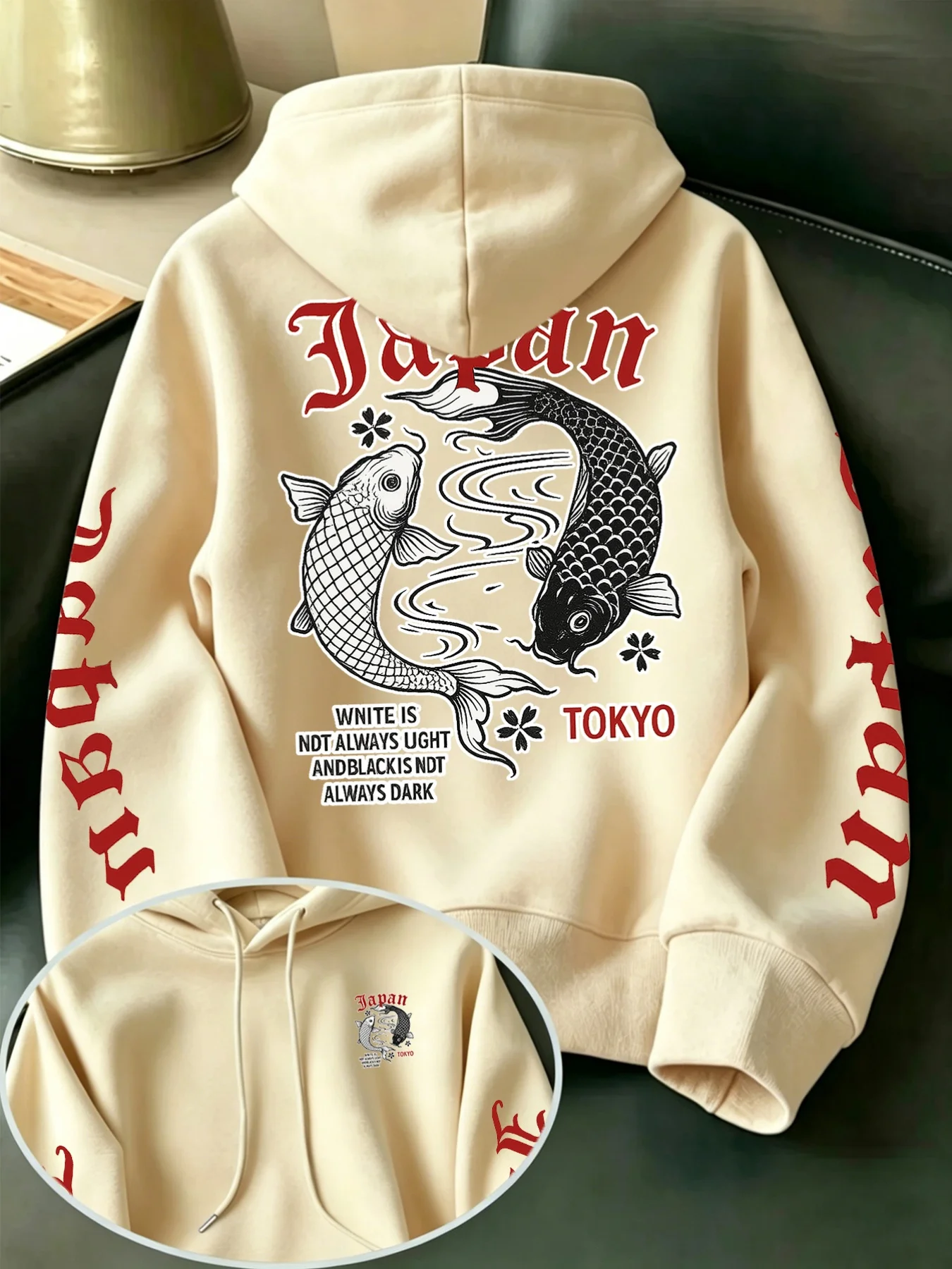 Japanese-style Yin-Yang Koi Fish Print Men's Fashion Hoodie, Autumn/Winter Multifunctional Comfortable Warm Fleece Top