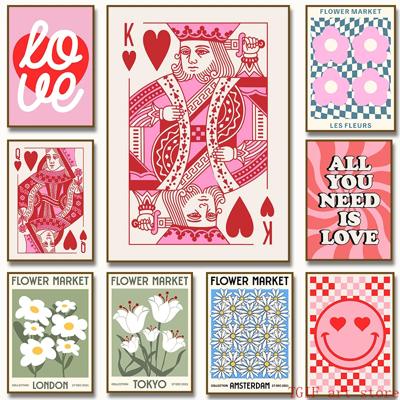 1PC--Flower Market  Love Heart Valentines Day King Play Card Poster Canvas Painting Print Art for Living Room Home Wall Decor