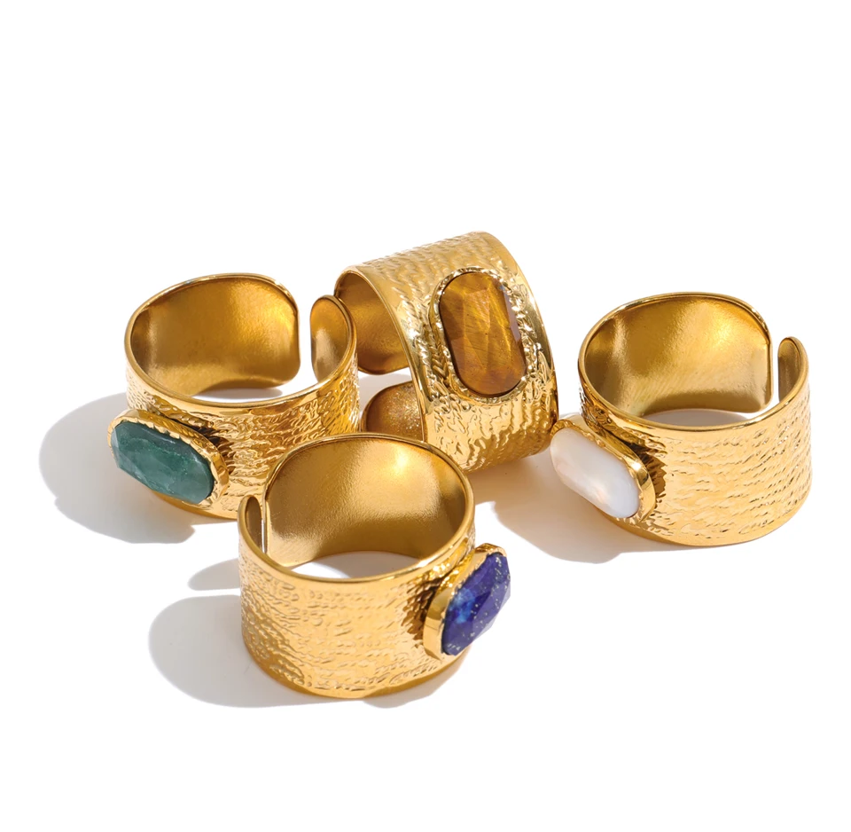 Yhpup Größe 7 Edelstahl Metall Hammer Breiter Ring Muschel Türkis Tigerauge Rechteckiger Goldener Fingerschmuck – Detail 3