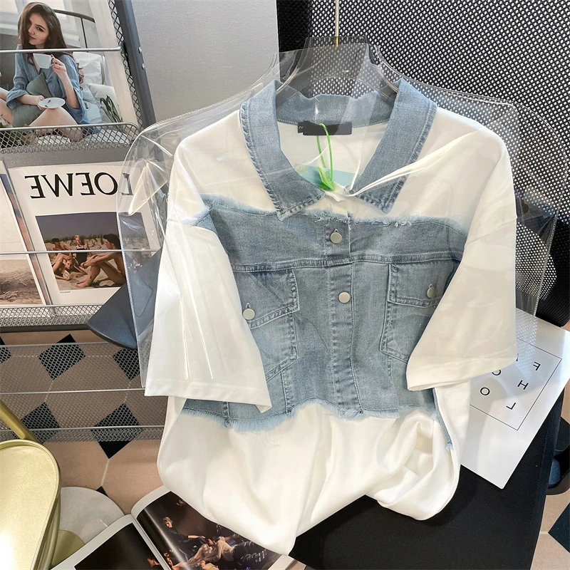 Denim Patchwork Short Sleeved T-shirt 2024 New Summer Women\'s Lapel Unique Button Pocket Design Fashion Loose High Street Top