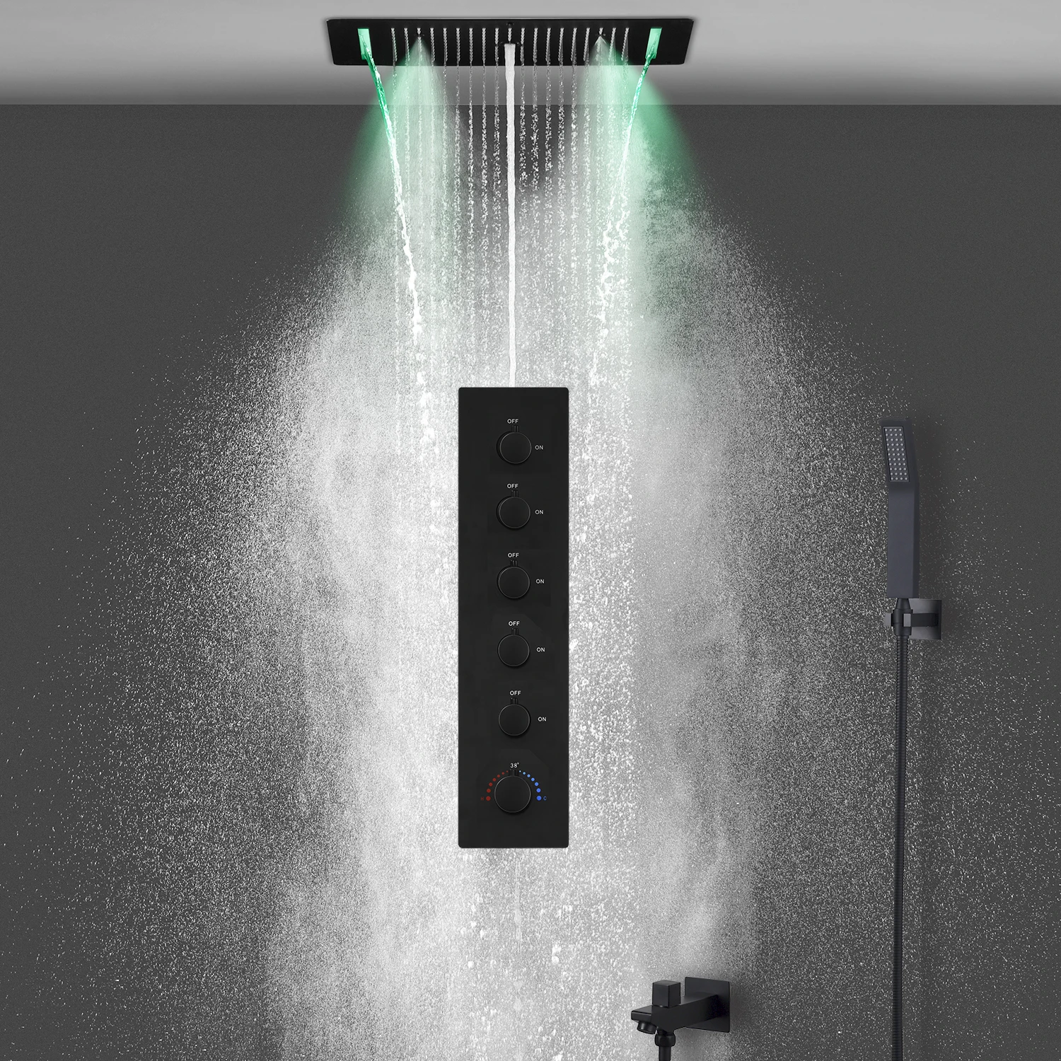 

28x15Inch 700x380mm RGB LED Shower Head Set Rain Waterfall SPA Constant Temperature Vertical Valve Mixer Black Shower System