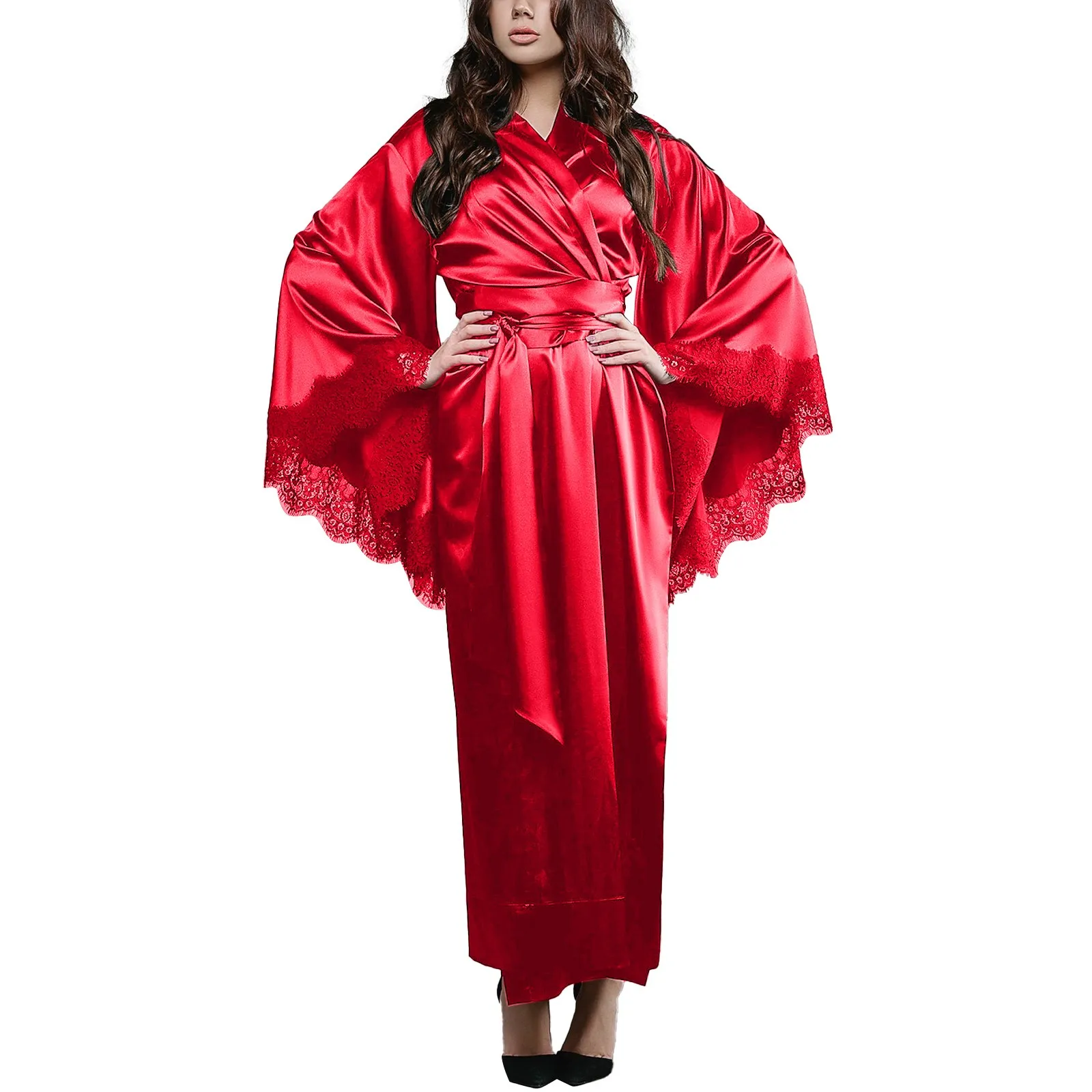 Gothic Style Satin Robe Women\'s Long Lace Trim Erotic Lingerie Simulation Home Wear Bathrobe New In Women\'s Smooth Sleepwear