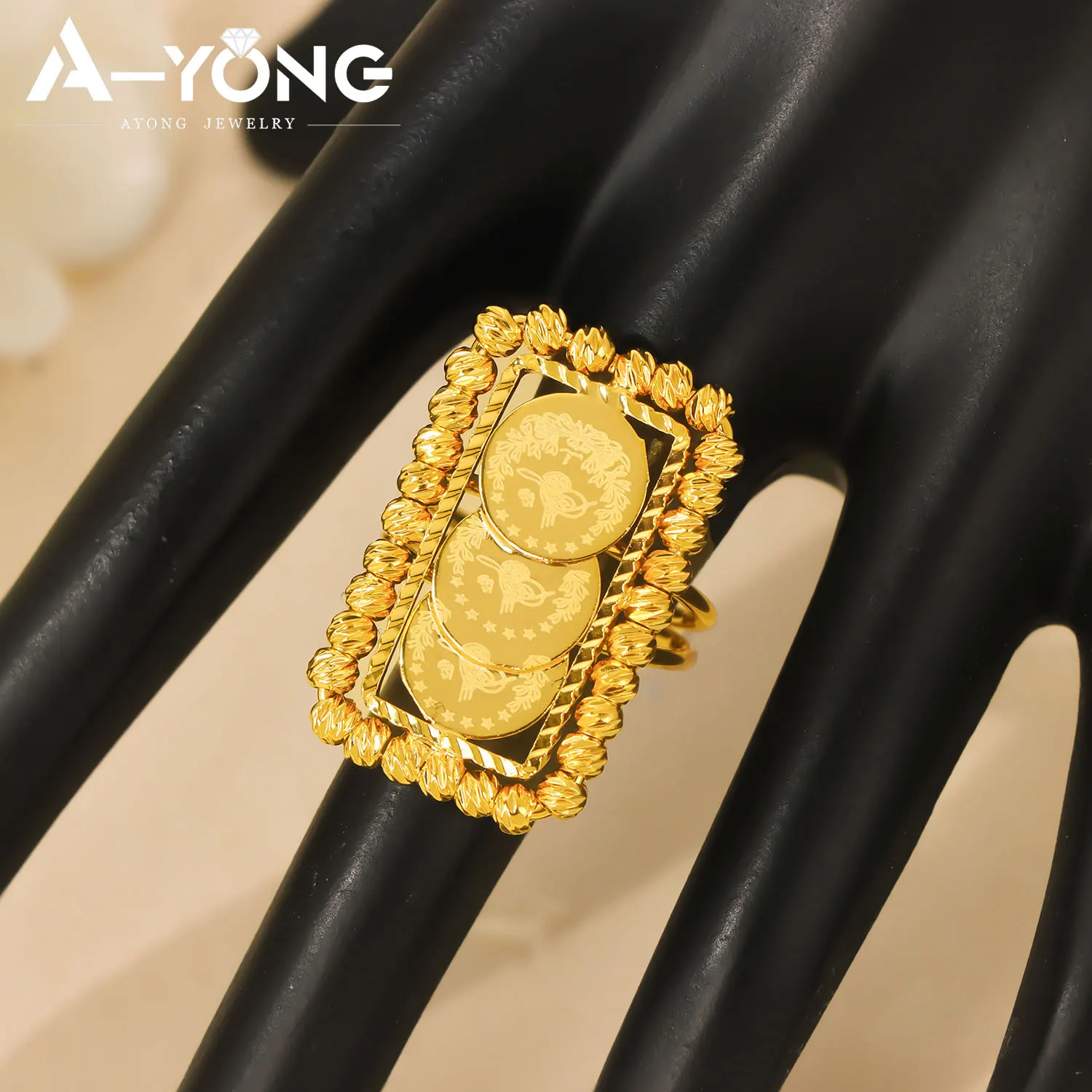 Arabische Mode-Münzringe, 21k vergoldet, Nigeria Braut Hochzeit Verstellbarer Ring, Dubai Muslimische Frauen Event Party Schmuck – Detail 8