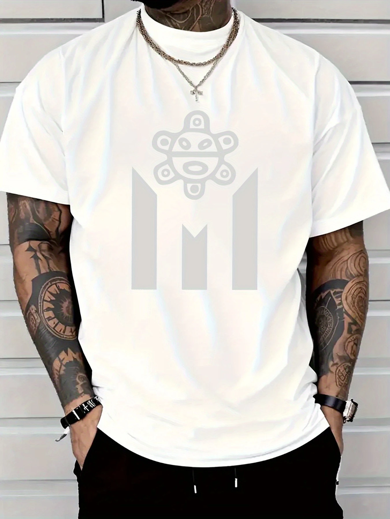 Men's 100% pure cotton Puerto Rican style white geometric T-shirt.