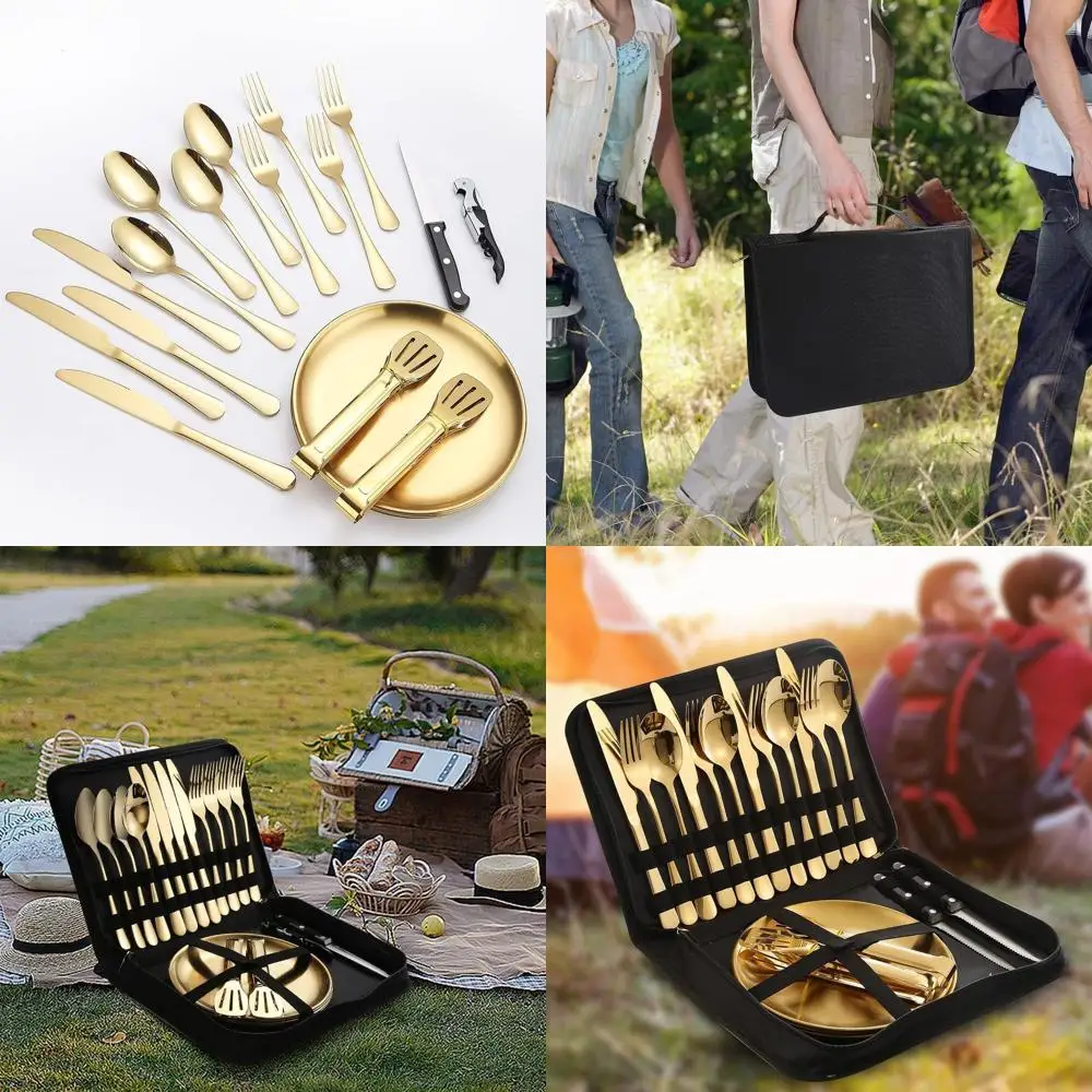 

Посуда для пикника, золотой набор столовых приборов для кемпинга на 4, портативная посуда, тарелки, столовое серебро, вилки, ложки, ножи, открывалка для бутылок Fo