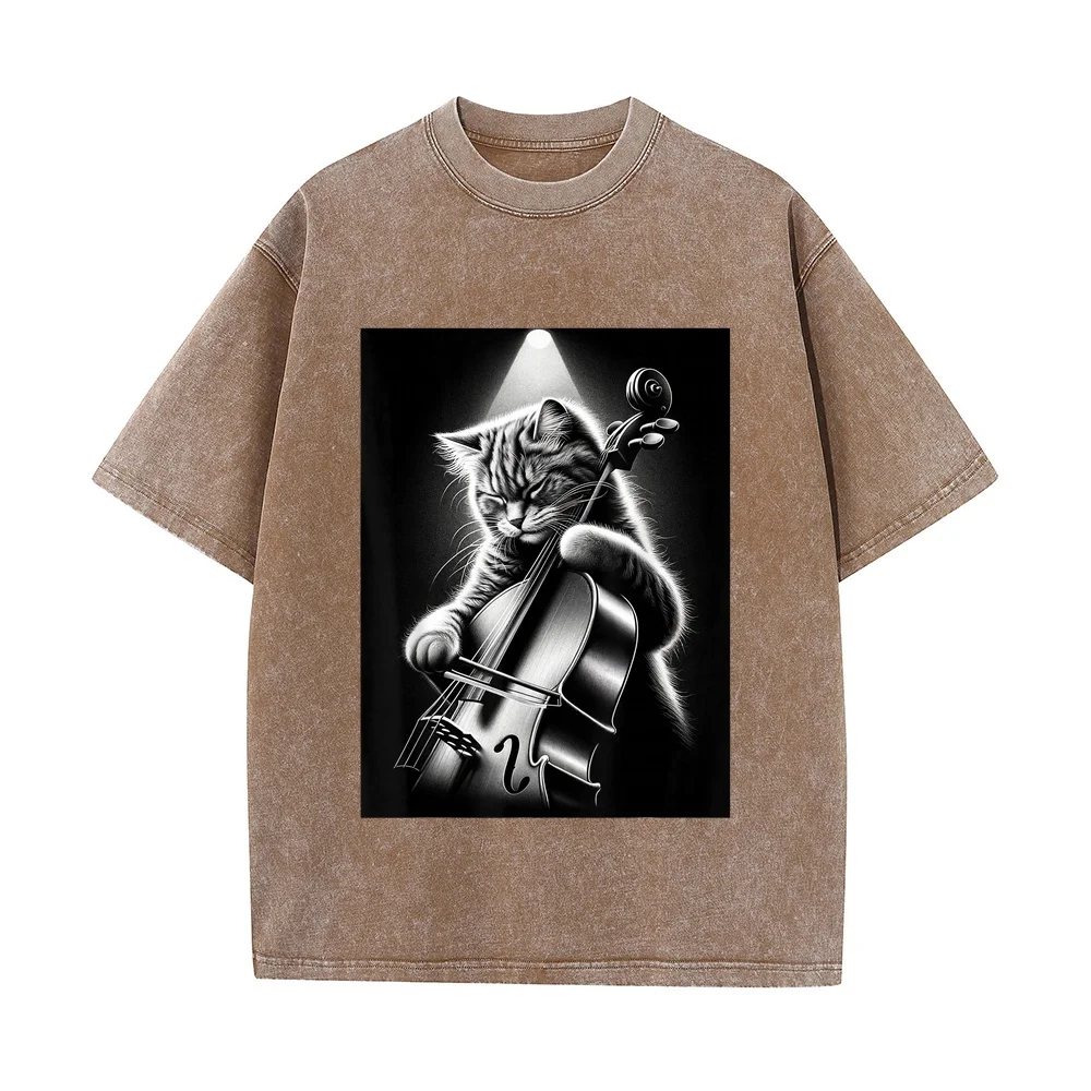 Musician Cello Player Funny Cat Playing T-Shirt Men Pet Owner Top Summer Oversized Short Sleeve Clothing Unisex Multi Color Tee