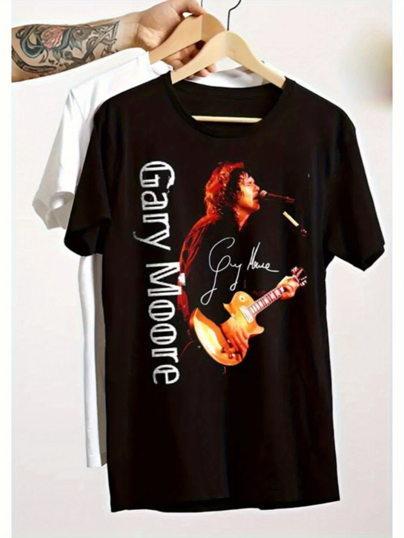 Men's Gary Moore Commemorative T-shirt- Heavyweight Cotton T-shirt Guitar Signature, Black Retro Rock T-shirt Concert and Casual