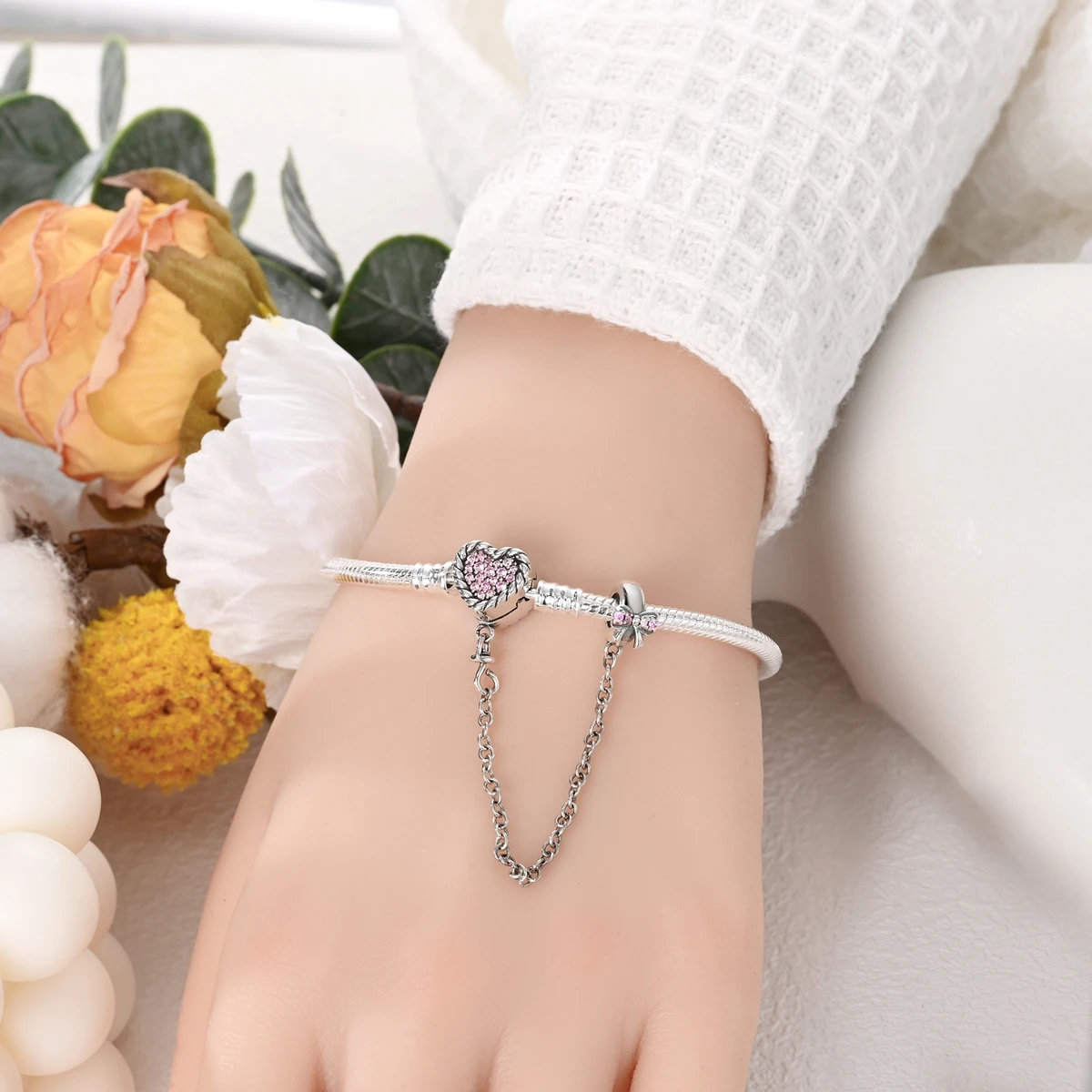 925 Sterling Silber Original Schlangenkette Herzverschluss Perlen-Sicherheitskette Armbänder Passend für Charms DIY Schmuck für Frauen – Detail 16