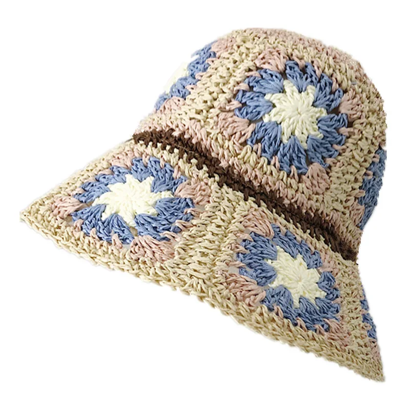 Colorful Raffia Paper Crochet Bucket Hat Handmade Sun Beach Hat For Women