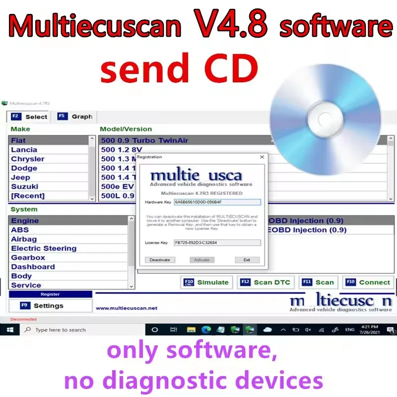 

2023 nuevo Multiecuscan V4.8 para Fiat/Chrysler/Dodge/Jeep/Suzuki Scanner Software 4,8 + ELM327 + adaptador plano registrado ili