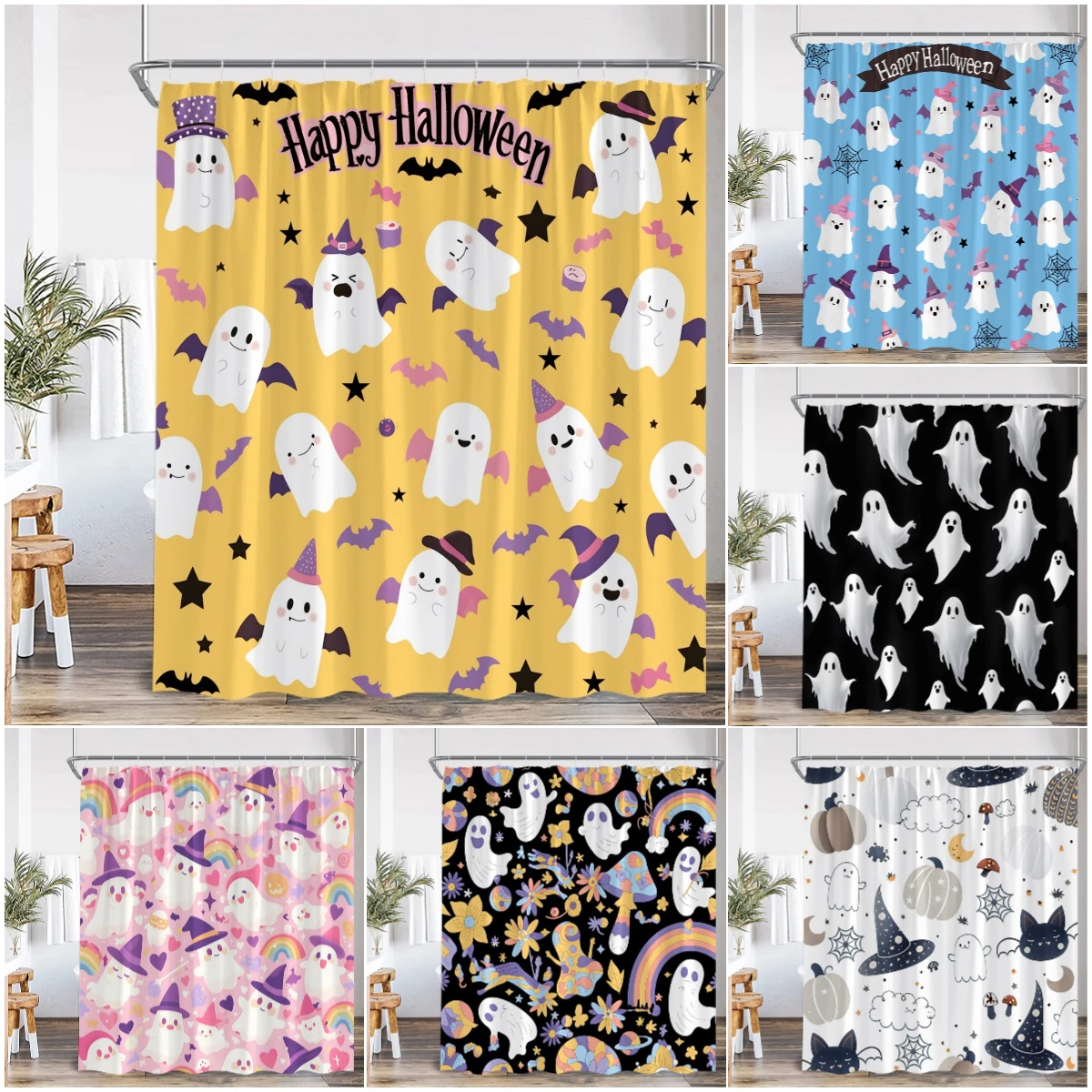 Cartoon Cute Ghost Shower Curtain Rainbow Bat Black Cat Happy Halloween Floral Vintage Bathroom Decor Flannel Bathtub Curtain