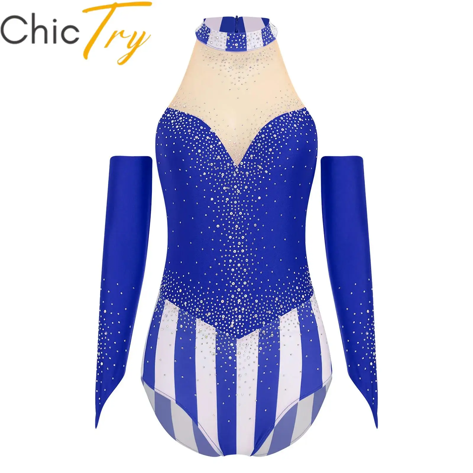 

Womens Circus Ringmaster Costume Halloween Cosplay Leotard with Gloves Sets Rhinestone Bodysuit Carnival Themed Party Dress Up
