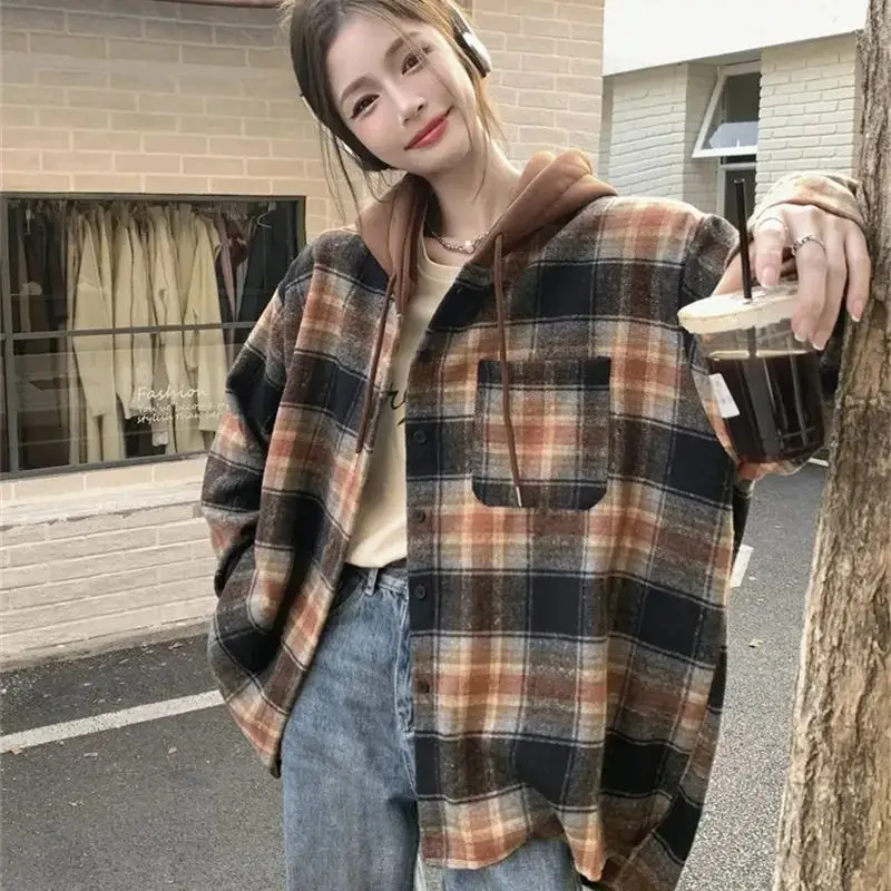 Fat mm300 Catty Checkered Hooded Short Jacket For Women in Autumn 2023 New Loose Fitting Medium Length Design Long Sleeved Top B