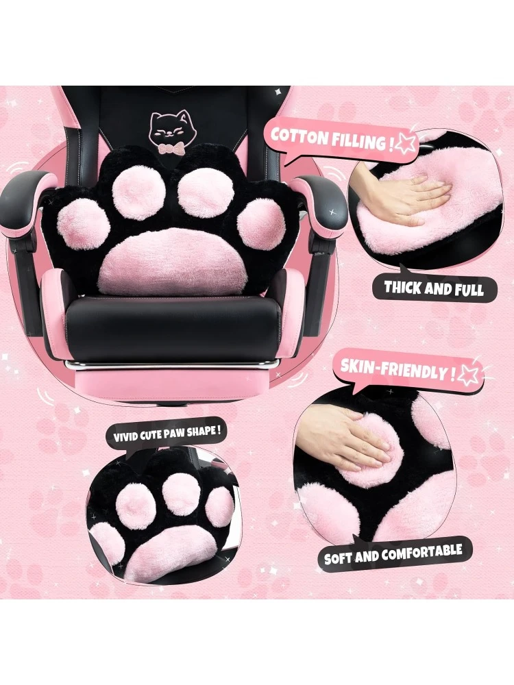 Cute Gaming Chair with Cat Paw Lumbar Cushion and Cat Ears, Ergonomic Computer Chair with Footrest, Reclining PC Game