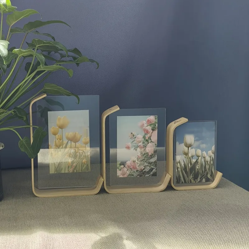 3pcs Birch Wood & Acrylic Double-Sided Photo Frame Transparent Desktop Display Stand Desktop Ornament Plant Specimen Photo Frame