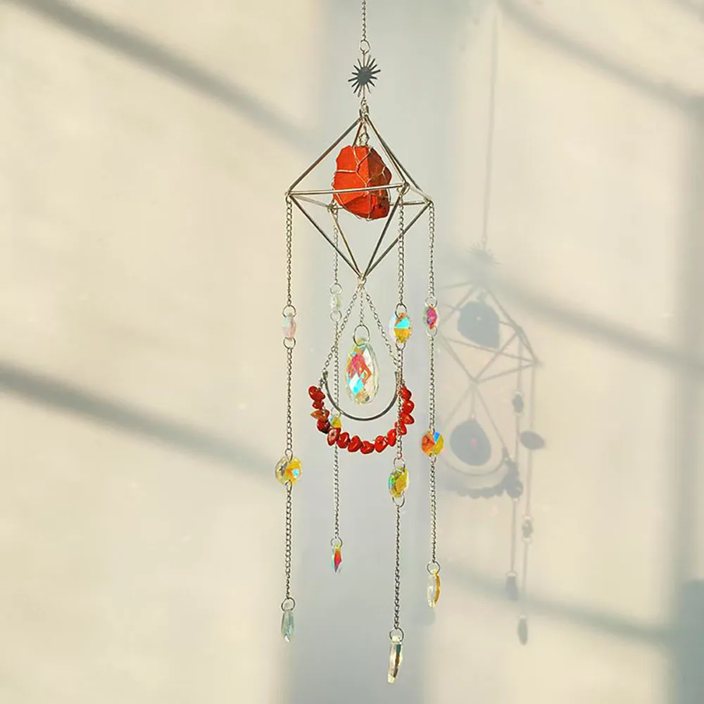 Custom Red Jasper Crystal Sun Catcher - Geometric Diamond Frame Raw Stone Chip Hanging Ornament for Window Decor