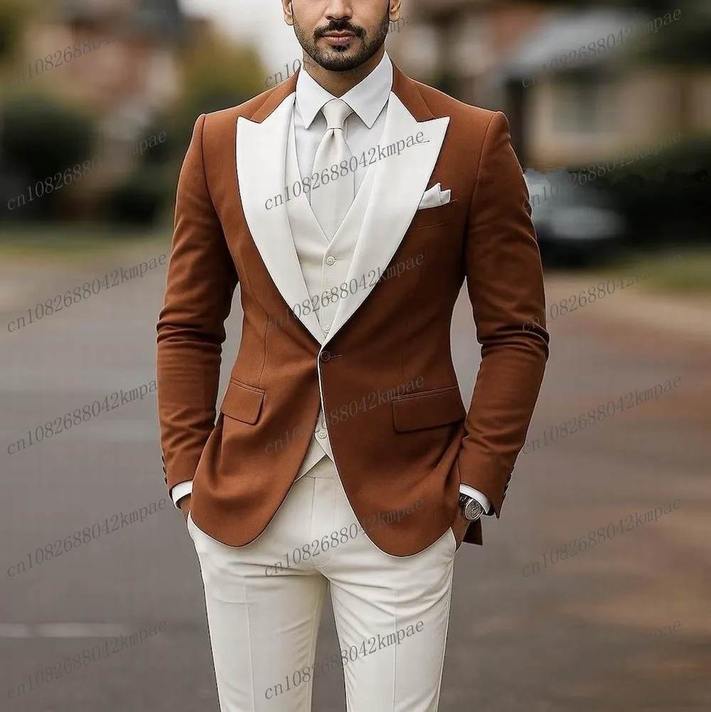

Новый коричнево-белый деловой мужской костюм для жениха, жениха, свадебной вечеринки, выпускного вечера, деловые мужские смокинги, комплект из 3 предметов, пиджак, жилет, брюки