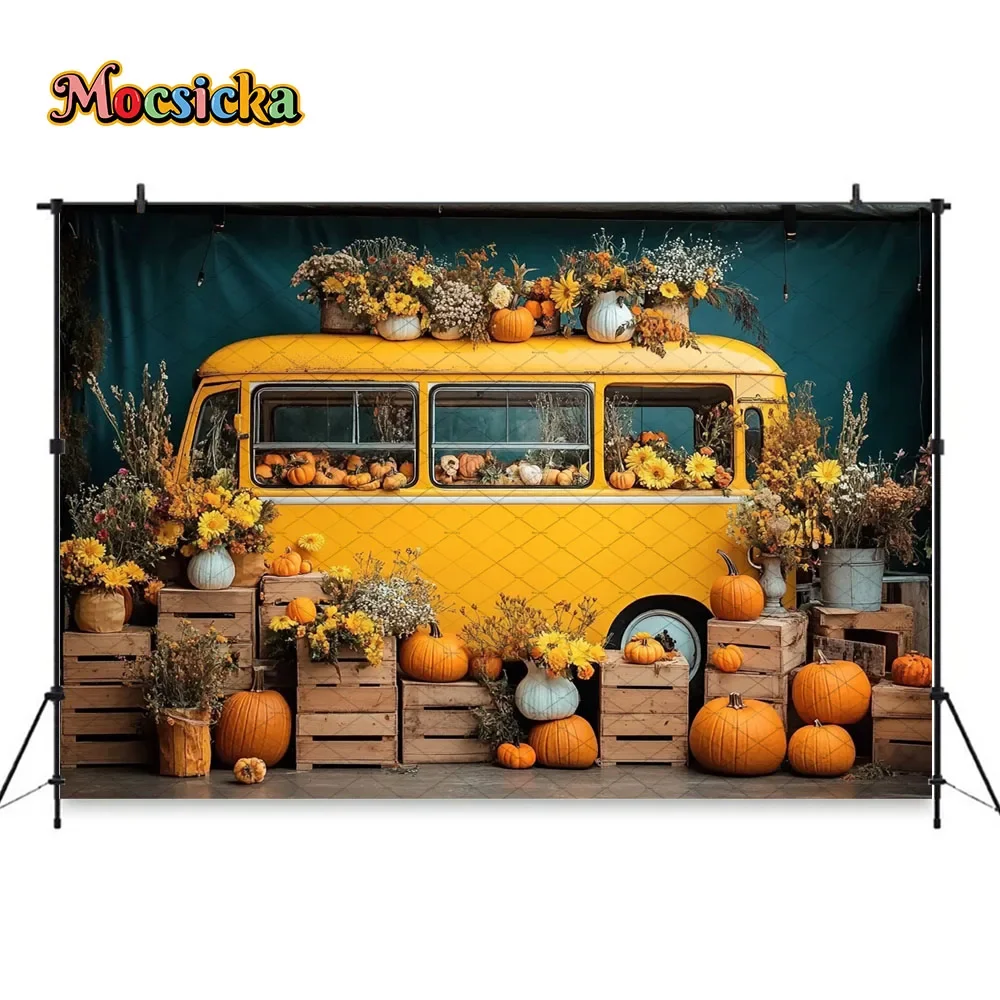 خلفية شاحنة اليقطين الخريفية من Mocsicka للتصوير الفوتوغرافي العائلي، خلفية زهرة عباد الشمس، خلفية الخريف للأطفال، حفلة عيد ميلاد استوديو الصور