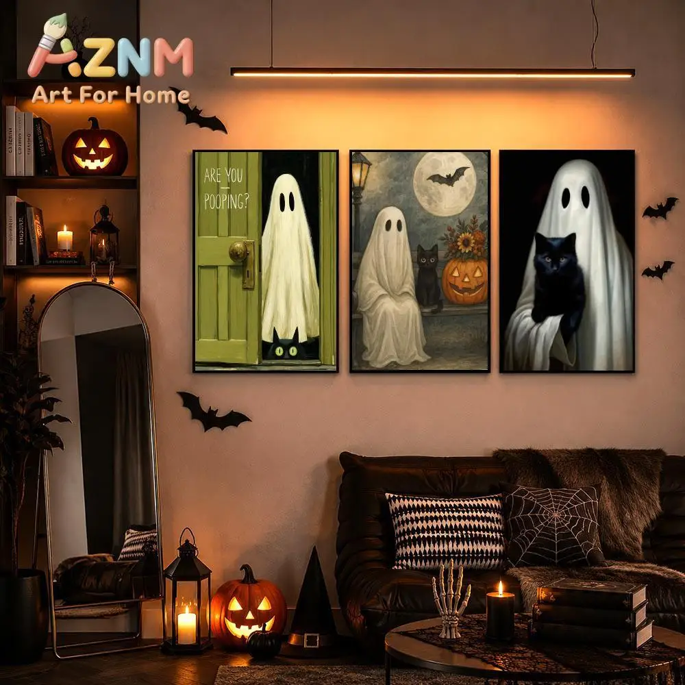Vintage Halloween Black Cat Ghost Painting Calligraphy Modern Halloween Wall Art for Bedroom Living Room Minimalist Home Decor