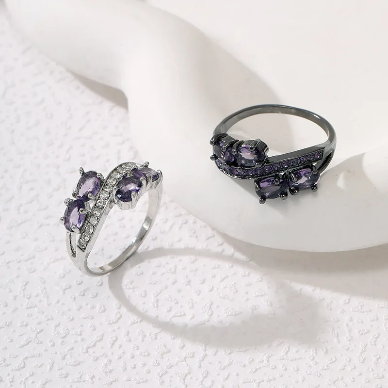 1pcs Hot Selling French Romantic Purple Zircon Ring With A Light Luxury And high-end Sense Noble Gun Black Ring For Women