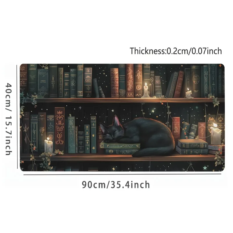Dark Academia XXL Desk Mat Sleeping Black Cat Magic Bookshelf Gaming Mouse Pad Non-Slip Base Stitched Edge Perfect Gift