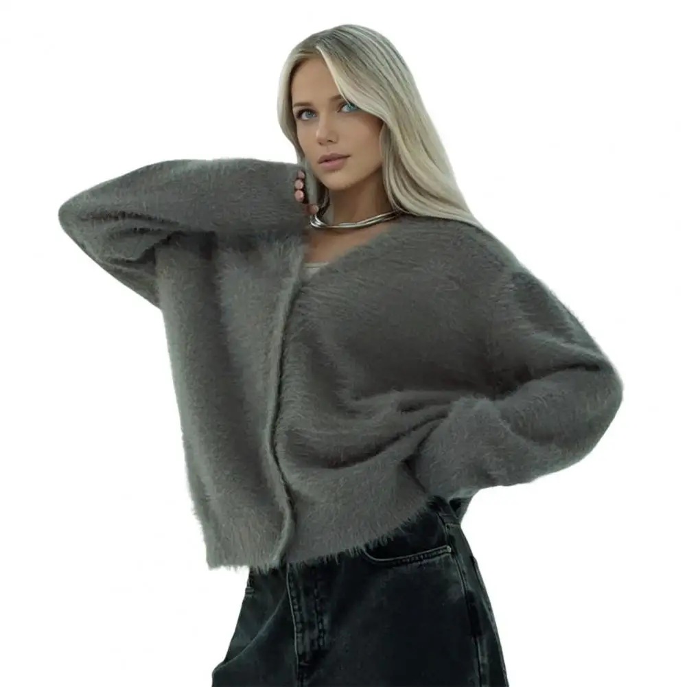 

Comfortable Sweater Cardigan Women V-neck Sweater Coat Long Sleeve Knitted Cardigan with Button Placket Elastic Fabric Loose Fit