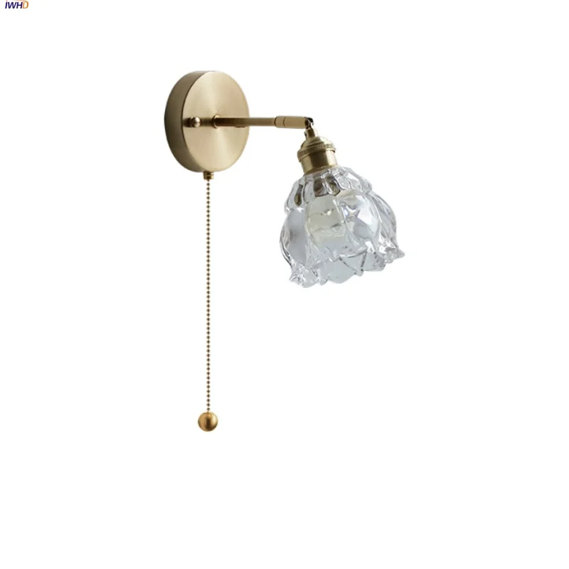 

IWHD Copper Base LED Wall Lamp Sconce Pull Chain Switch Bedroom Dining Room Clear Glass Nordic Modern Rotate Stair Light Fixture