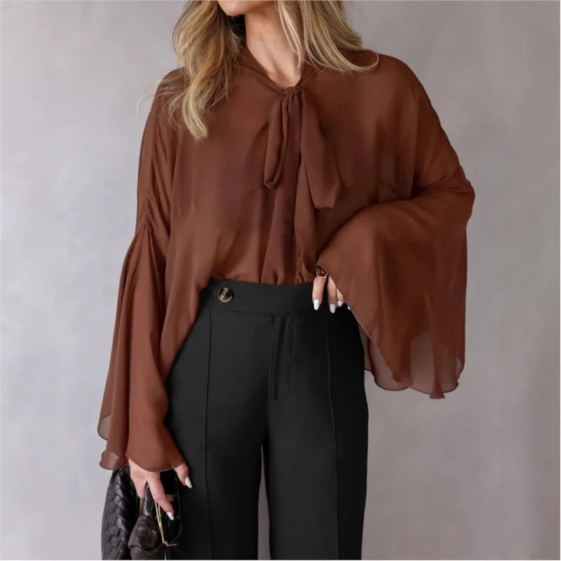 

Свободный дышащий шифоновый топ для женщин, осенний новый стиль с открытыми плечами, универсальная простая рубашка во французском стиле на шнуровке