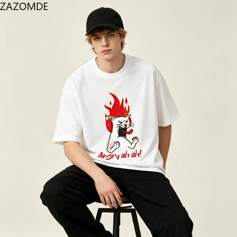 ZAZOMDE 2026 New Cool Funny Slogan Graphic T Shirt Angry Screaming Cat Flame Print Short Sleeve Basic Loose Street Fashion Tees