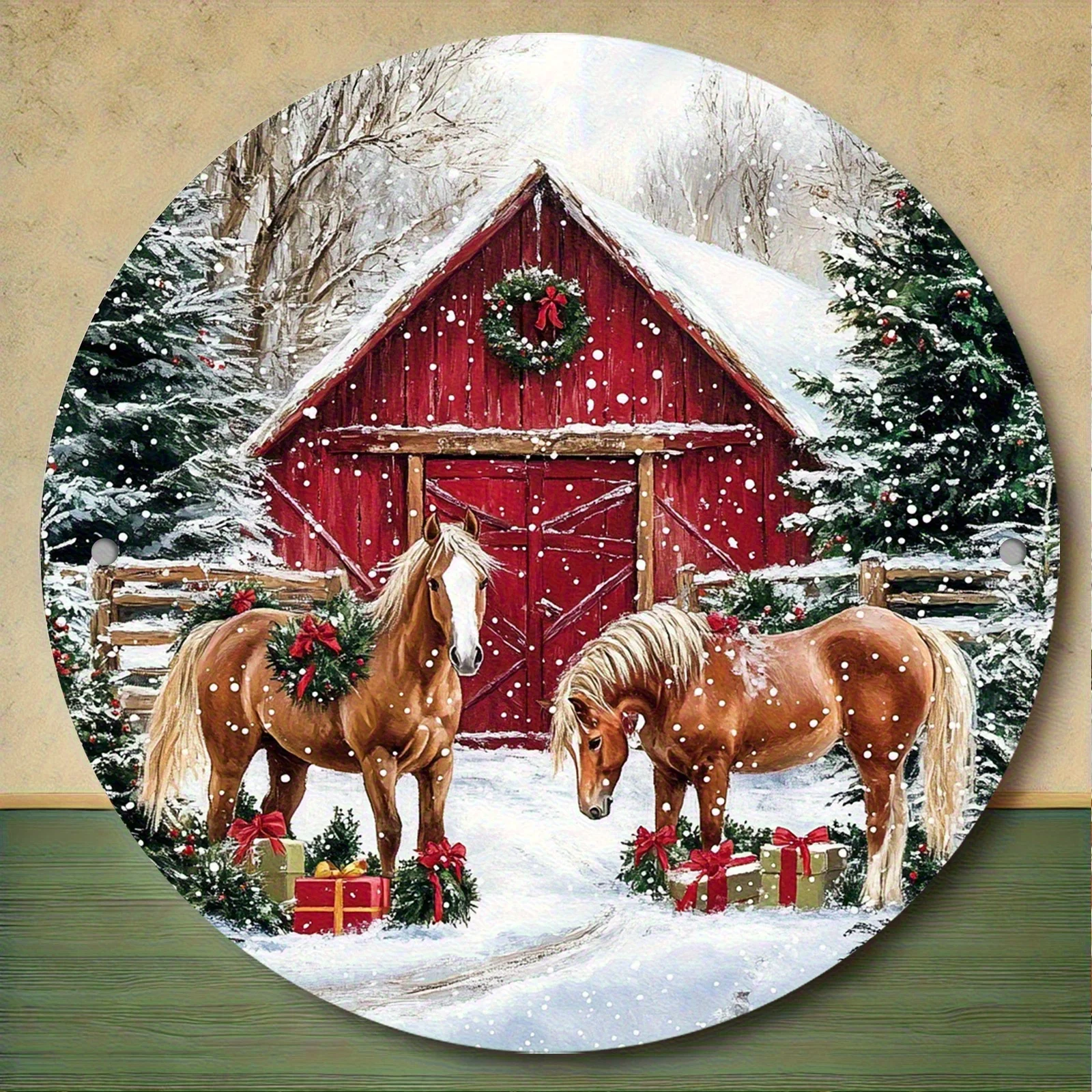 Rustic Winter Horse Barn Print 2D Flat Art 20x20cm Farmhouse Christmas Door Decor Snowy Scenery Wall Sign Metal Tin Sign / Iron