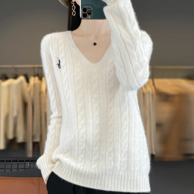 

Classic Seamless Women Knitted Pure Wool Cardigan Fashion Loose thickening Sweater V-Neck Twisted flower style High-quality tops