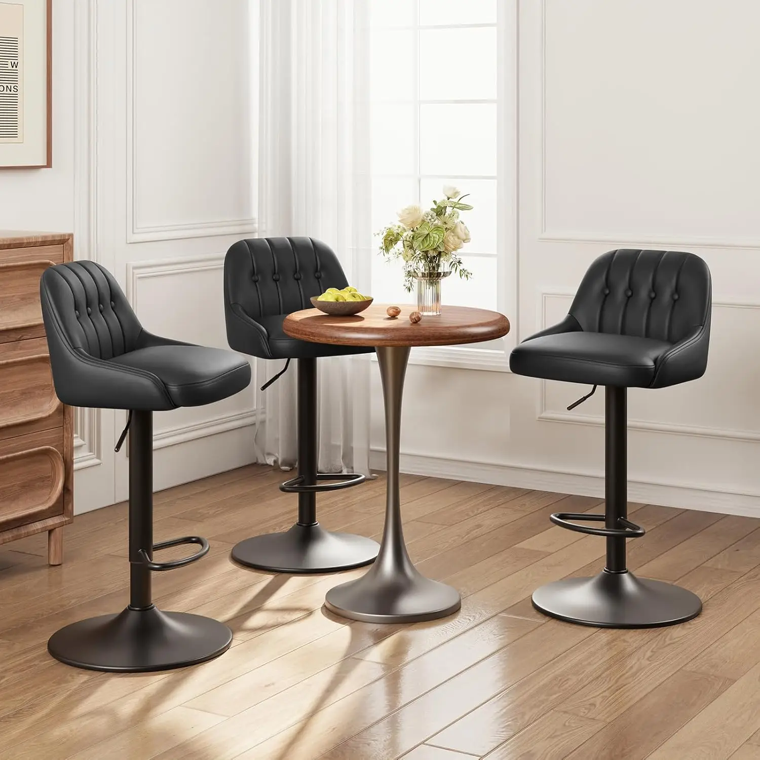 

Bar Stools Set of 3, Swivel Bar Chairs, Modern Adjustable PU Leather Upholstered Barstools Counter Height with Tufted Back fo