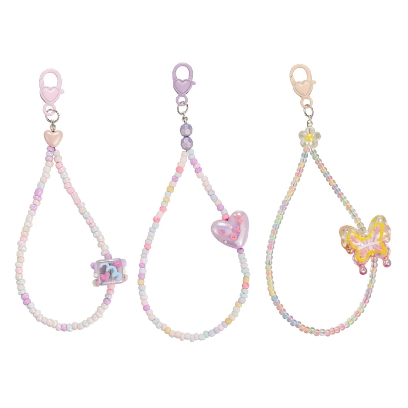 Candy Color Beaded Phone Chains Cube Heart Butterfly Hanging Chain Pocket Keychain Charm Bag Pendant Decoration