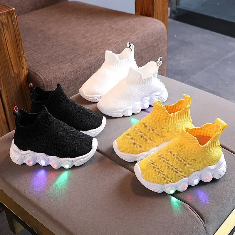 Yellow Colorful Led Luminous Kids Shoes Mesh Breathable Non-slip Black Sneakers