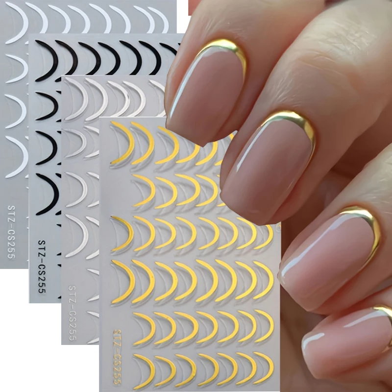 4 Piezas de Adhesivos para Uñas con Diseño de Manicura Francesa, Estilo Y2K, Líneas Metálicas Onduladas, Calcomanías Autoadhesivas, Decoración de Uñas, Herramientas DIY