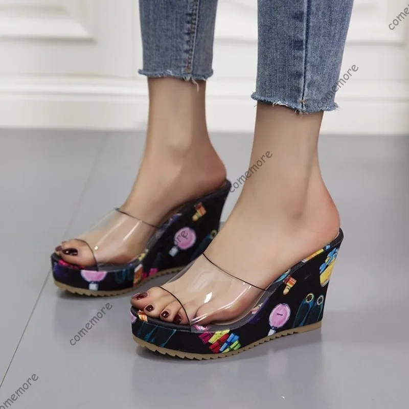 Women Floral Print Platform Wedge Slide Sandals Clear PVC Single Strap Slip‑On Mules Non‑Slip High Heels Summer Сандали Женские