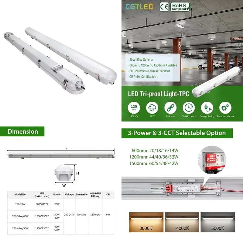 1200mm 1500mm IP66 Switchable 3-CCT LED Strip Light 40W Tri-proof Lighting for Office and Warehouse