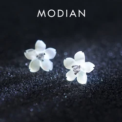 Modian Authentic 925 Sterling Silver Ceramics Flower Stud Earrings for Women Plant CZ Luxury Wedding Statement Jewelry 2020 NEW