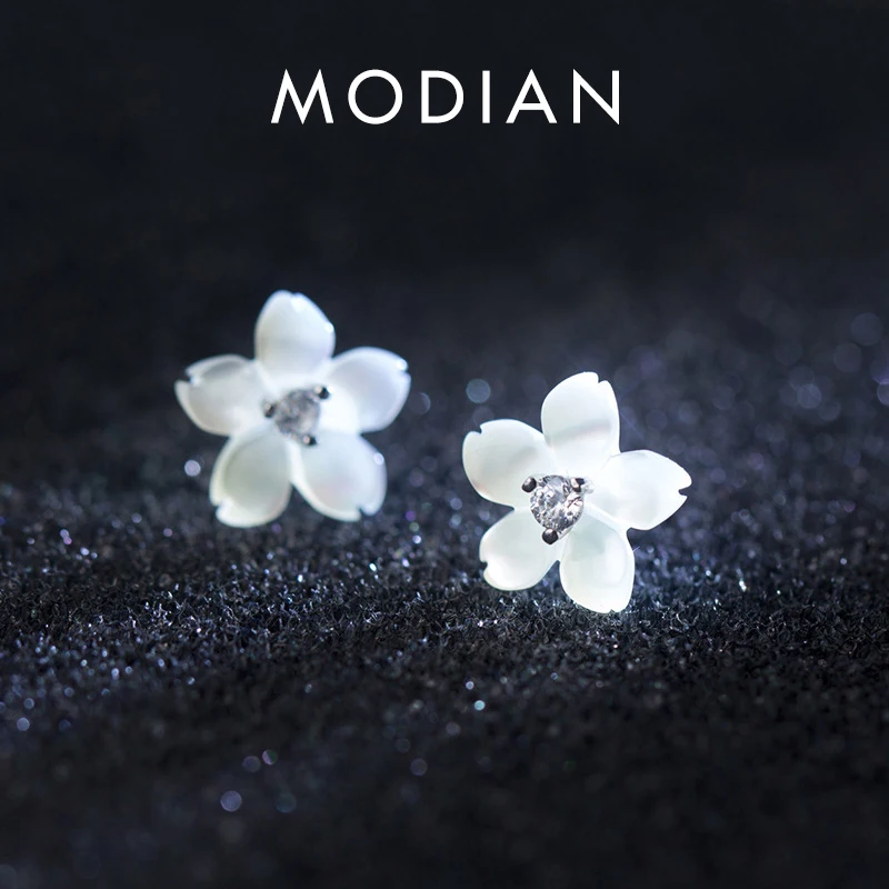 Modian autentyczne 925 Sterling Silver ceramika kolczyki sztyfty z kwiatem dla kobiet roślin CZ luksusowe ślubne ozdobne biżuteria 2020 nowy