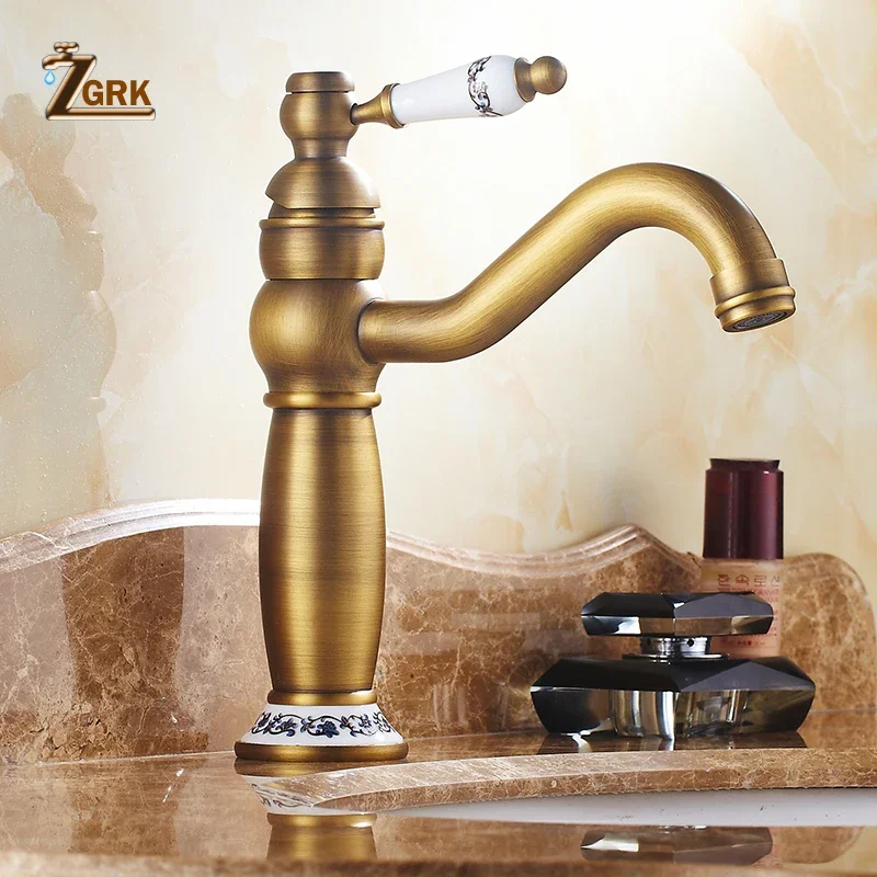 

Antique Bathroom Basin Taps Hot and Cold Rotatable Water Taps Retro Ceramic Bathroom Faucet Deck Mounted Solid Brass Sink Taps