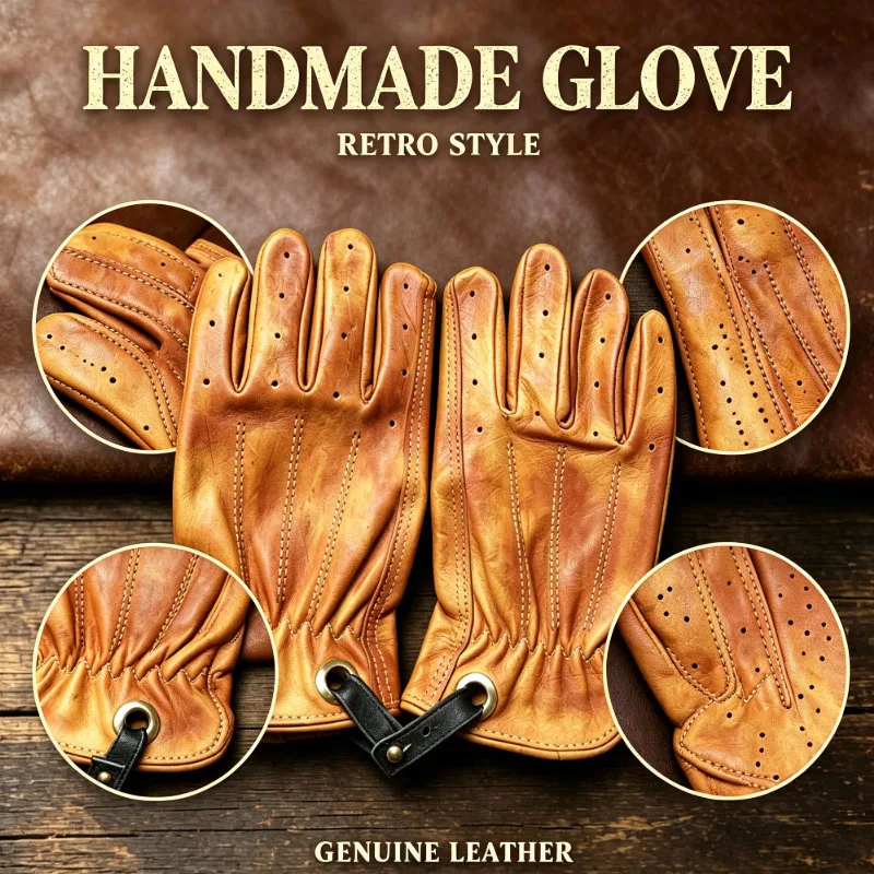Vintage Handmade Leather Gloves with Detachable Hanging Strap, Retro Style Portable Gloves for Motorcycle & Daily Use