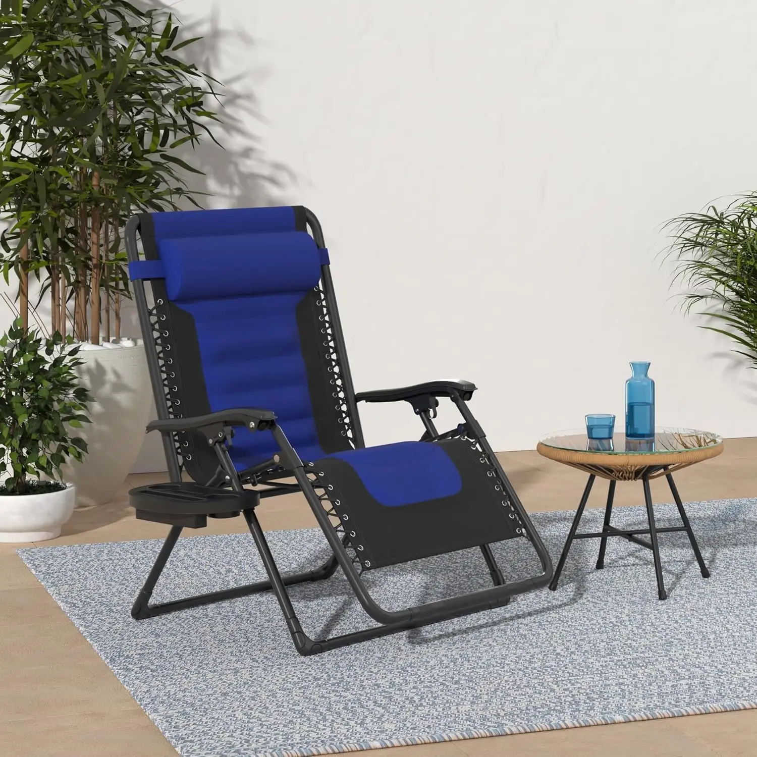 Tumbona antigravedad reclinable para Patio al aire libre, reposacabezas, portavasos, bandeja lateral, malla de poliéster, negro/azul, XL