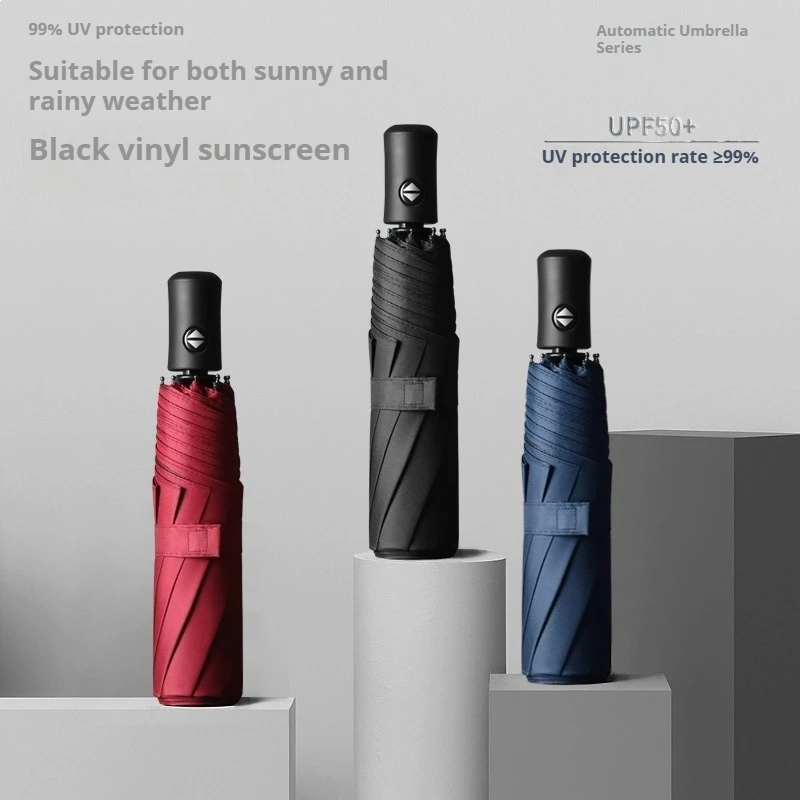 Fully Automatic Folding Umbrella Black Coated Sun Rain Dual‑Use Windproof Compact Portable Travel Parasol for Men Women