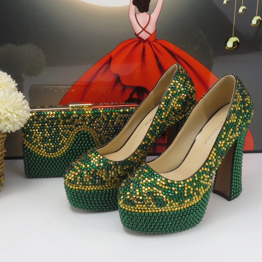 Women New arrival Green Pearl Crystal Girl\'s fashio Party shoes with matching bags Round toe High Pumps Platform shoes and Purse